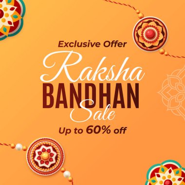 Portakal temalı Raksha Bandhan satış afişi ve dekoratif Rakhi tasarımları. Özel bir teklif. Raksha Bandhan Satışı. % 60 'a kadar indirimde. Vektör. Görüntü.