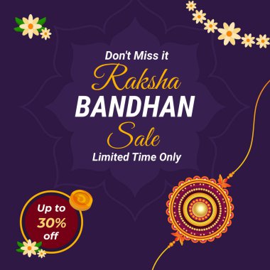Mor Raksha Bandhan indirim posteri. Sakın kaçırmayın Raksha Bandhan Satışı. Sadece sınırlı zaman. % 30 'a kadar indirimde. Rakhi Satış Bayrağı. Vektör. İllüzyon. % 30 İndirim.