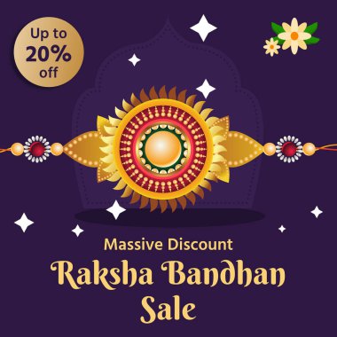 Raksha Bandhan İndirimli Poster. % 20 indirimli. Sosyal medya ve internet reklamları için Rakhi Satış Banner. Vektör. Büyük İndirim. İllüzyon. % 20 indirimli. Özel İndirim.