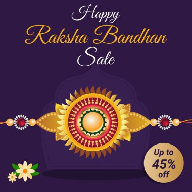 Raksha Bandhan 'ın satışta kullandığı afişte dekoratif bir Rakhi var. % 45 'e kadar indirimli. Vektör. Mutlu Raksha Bandhan Satışı. Rakhi Satışı. İllüzyon. % 45 İndirim.