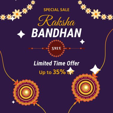 Renkli Raksha Bandhan indirimli poster dekoratif Rakhi tasarımı ile koyu mavi arka plan. Sınırlı Zaman Teklifi. % 35 'e kadar indirimli. Rakhi Satışı. Geleneksel Hint bileziği. Özel İndirim.