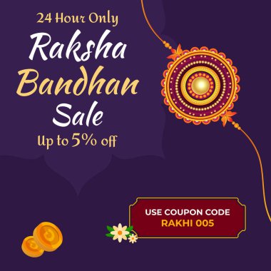 Raksha Bandhan Online ve çevrimdışı reklamlar için indirimli Bandhan. Sadece 24 saat. Yüzde beşe kadar indirimli. Vektör çizimi. Kupon kodu kullan Raksha Bandhan. Rakhi (Bileklik) Satış.