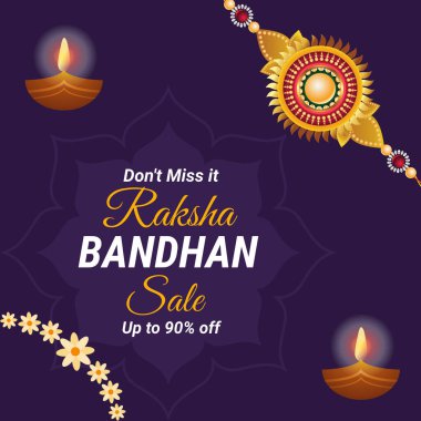 Sağ üst köşede dekoratif bir Rakhi bulunan Raksha Bandhan satışı için resim. % 90 indirimli. Sakın kaçırmayın. Rakhi indirimi% 90 'a varan indirimli..