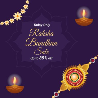 Zarif Raksha Bandhan Satışı ile mor arka plan. Sadece bugün. % 85 'e kadar indirimli. Tasarım şenlikli bir atmosfer yaratıyor. % 85 indirim.. 