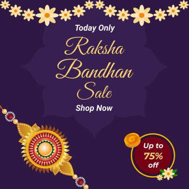 Mor temalı Raksha Bandhan satış posterinde dekoratif Rakhi illüstrasyonları var. Sadece bugün. Alışveriş yap. Vektör. Raksha Bandhan sosyal medya ve internet reklamları için satış afişi.