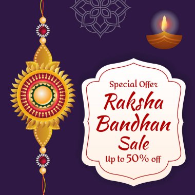 Raksha Bandhan 'ın canlı dekoratif Rakhi posterleri. % 50 indirimli. Sağ üstte bir aydınlatma geleneksel Diya gösteriliyor. Özel bir teklif. Yüzde 50 indirimli..