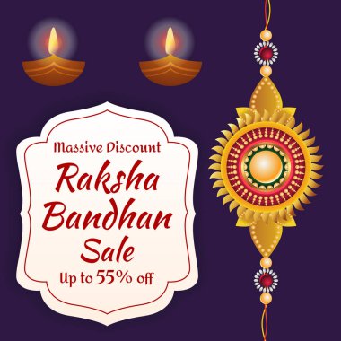 Raksha Bandhan 'ın satış posterinde dekoratif bir Rakhi tasarımı var. Sol üstte iki ışıklandırmalı Diyas, neşeli bir atmosfer yaratıyor. Rakhi Satışı. % 55 indirimli. Büyük İndirim.