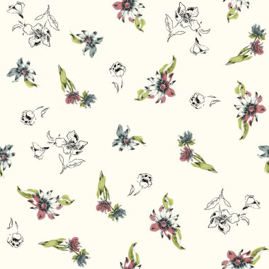 floral seamless pattern, line drawn illustration clipart