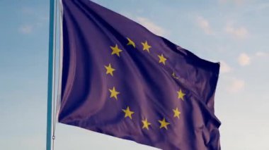 Avrupa Brüksel Bayrağı Sinemasal Gerçekçi Mavi Gökyüzü Dalgalanıyor Zoom Dolly Out