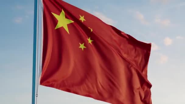 China Bandeira Pequim Cinemática Céu Azul Realista Acenando Zoom Dolly — Vídeo de Stock