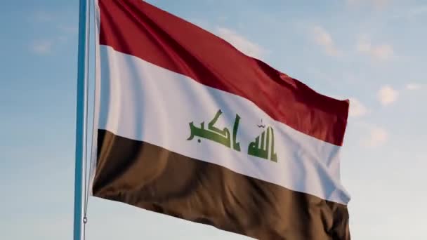 Irak Bagdad Flagga Cinematic Realistisk Vinka Zoom Dolly Out Blue — Stockvideo