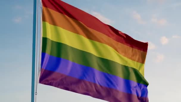 Lgbt Gay Orgulho Bandeira Cinemática Realista Acenando Zoom Dolly Out — Vídeo de Stock