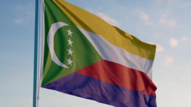 Comoros Moroni Bayrağı Sinematik Gerçekçi Dalgalanan Dalgalanan Doom Mavi Gök