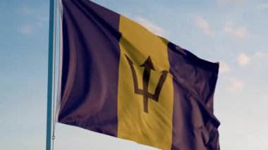 Barbados Bridgetown Bayrağı Sinematik Gerçekçi Dalgalanan Dalgalanan Doom Mavi Gök