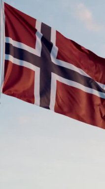 Norveç Oslo Bayrağı Dikey Sinematik Gerçekçi Dalgalanan Dolly Mavi Gök