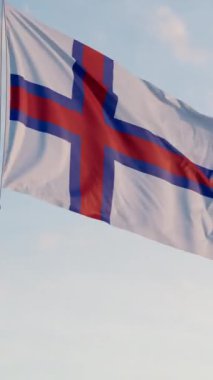 Faroe Adaları Trshavn Bayrağı Dikey Sinematik Gerçekçi Dalgalanan Dalgalar Mavi Gök