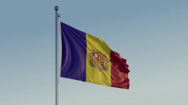 Andorra Andorra la Vella Bayrak Döngüsü Sinematik Gerçekçi Dalgalı Mavi Gökyüzü