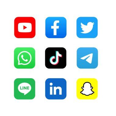 Güncellenmiş sosyal medya simgeleri seti, Facebook, YouTube, Messenger, Twitter, Instagram, WhatsApp, Telegram, TikTok, Zoom, Line, LinkedIn, Snapchat, 