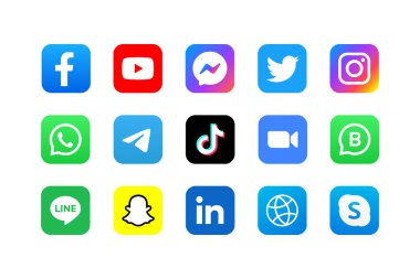 Popüler sosyal medya simgesi, Facebook, YouTube, Messenger, Twitter, Instagram, WhatsApp, Telegram, TikTok, Zoom, Line, LinkedIn, Snapchat, sosyal medya simgeleri