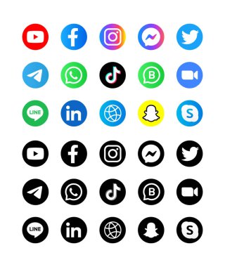 Popüler sosyal medya simgesi, Facebook, YouTube, Messenger, Twitter, Instagram, WhatsApp, Telegram, TikTok, Zoom, Line, LinkedIn, Snapchat, sosyal medya simgeleri