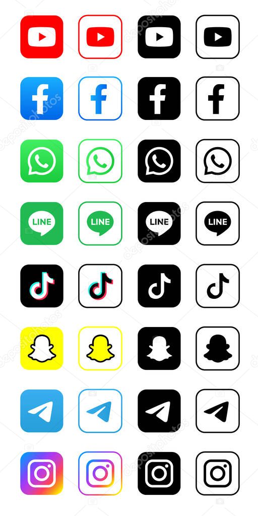 Popular social media icon logo, Facebook, YouTube, Messenger, Twitter, Instagram, WhatsApp, Telegram, TikTok, Zoom, Line, LinkedIn, Snapchat,  social media icons set