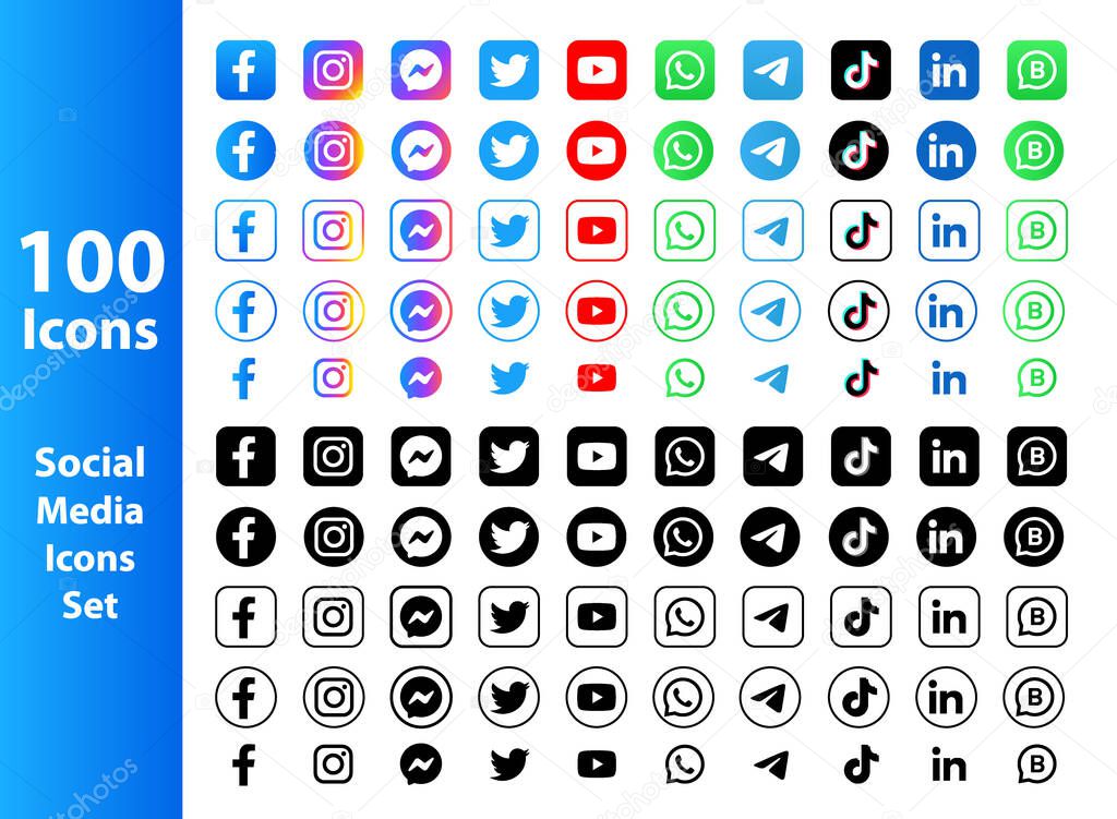 Updated social media icons set, Facebook, YouTube, Messenger, Twitter, Instagram, WhatsApp, Telegram, TikTok, Zoom, Line, LinkedIn, Snapchat,