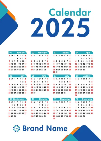 2025 takvim tasarım şablonu, Modern Profesyonel Yıllık Takvim 2025 vektör illüstrasyonu. 