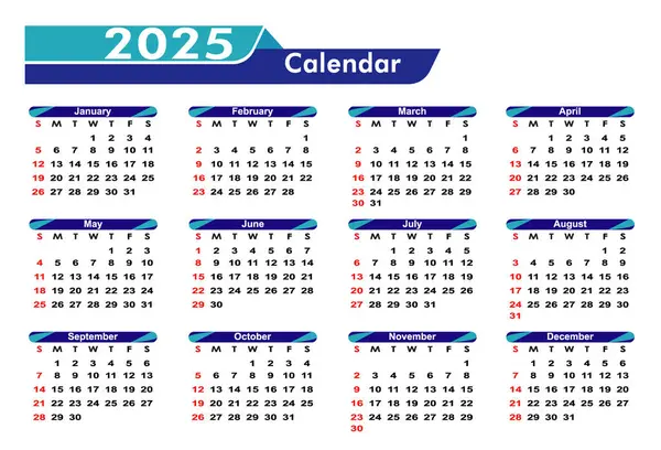 Takvim 2025 vektör illüstrasyonu, düzenlenebilir takvim tarih planı 2025. 