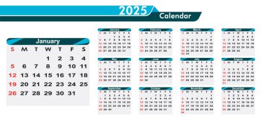 profesyonel yıllık takvim 2025, yıllık takvim 2025 vektör illüstrasyonu.  