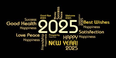 Yeni yılınız kutlu olsun. En iyi dileklerimle. Siyah arkaplandaki altın metin. Kartpostal mutlu yıllar 2025 siyah arka planda kutlama için