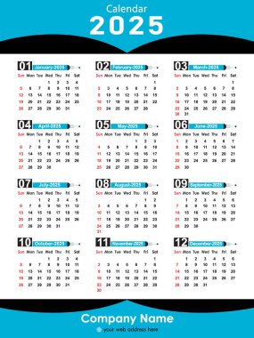 Aylık Takvim 2025 vektör illüstrasyonu, Takvim tarih planlayıcısı 2025 Düzenlenebilir Tasarım. Günlük planlayıcısı 2025.