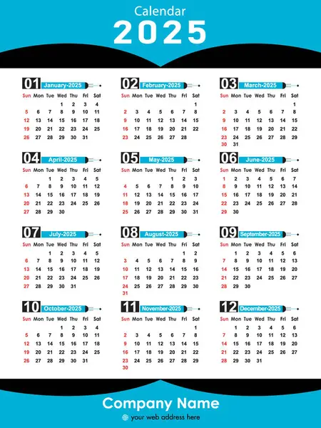 Aylık Takvim 2025 vektör illüstrasyonu, Takvim tarih planlayıcısı 2025 Düzenlenebilir Tasarım. Günlük planlayıcısı 2025.