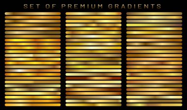 Altın gradyan kalıp toplama kümesi. Gerçekçi parlak metall. Tasarım Ödülü, Satılık, arka plan, web. Vektör çizim.