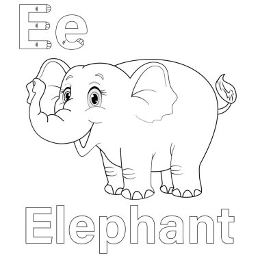 ABC alfabe takip çalışma tablosu. Fil renklendirme sayfalarının E harfi vektör illüstrasyonu.