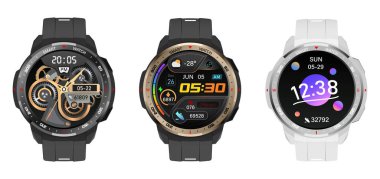 Dokunmatik Ekran Kol Saati Koleksiyonu, beyaz üzerine izole edilmiş gerçekçi simgeler.