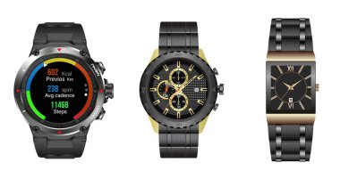 Farklı kol saati koleksiyonu beyaz arkaplanda izole edildi.