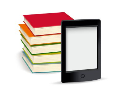 Bir yığın kitap ve e-kitap. Vektör illüstrasyonu.