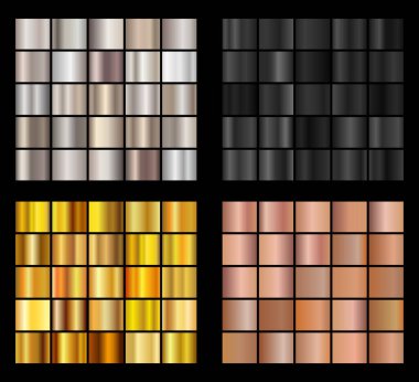 Altın gül, gümüş derecelendirme seti. Sınır, çerçeve, kurdele, etiket tasarımı için vektör parlayan hologram ve metalik gradyan koleksiyonu