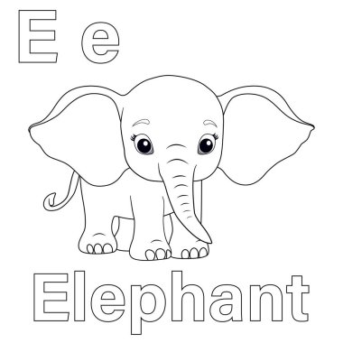 ABC alfabe takip çalışma tablosu. Fil renklendirme sayfalarının E harfi vektör illüstrasyonu.