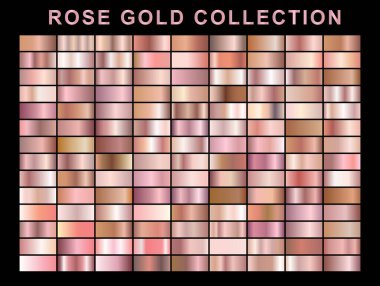 Altın folyo deseni seti. Siyah arka planda izole edilmiş pembe metalik doku koleksiyonu. Vektör illüstrasyonu