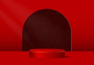Çarpımı kopyalamak için 3d biçiminde soyut vektör oluşturma. Geometrik arka planı olan kırmızı ve altın sarısı bir podyum. Vektör illüstrasyonu
