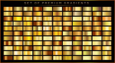Altın desenli doku paketi. Parlak altın metal folyo gradyan kümesi, vektör illüstrasyonu.