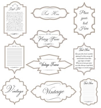 Süslü etiket çerçeveleri. Eski süslü etiketler, dekoratif vintage çerçeve ve retro rozet. Kraliyet düğün amblemi, satış etiketi ya da davetiye kartı. İzole vektör sembolleri ayarlandı