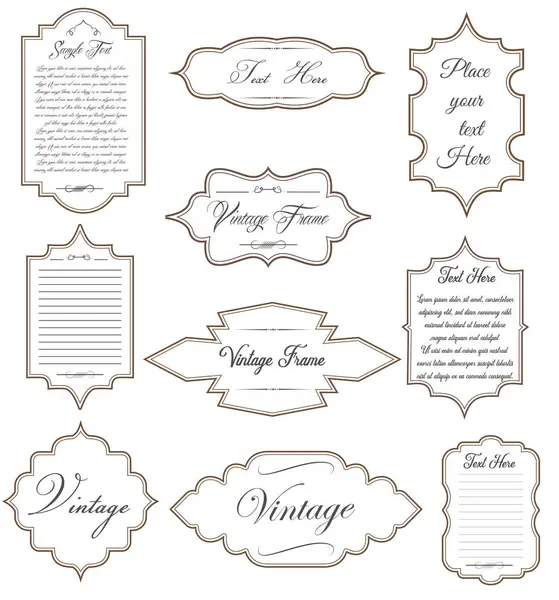Süslü etiket çerçeveleri. Eski süslü etiketler, dekoratif vintage çerçeve ve retro rozet. Kraliyet düğün amblemi, satış etiketi ya da davetiye kartı. İzole vektör sembolleri ayarlandı