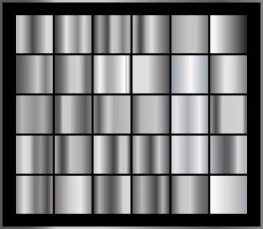 Gümüş folyo dokusu arka planda. Krom kenar, demir çerçeve, kurdele veya etiket tasarımı için vektör parlak ve metal gradyan koleksiyonu