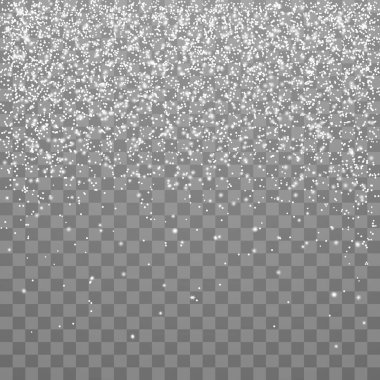 Koyu şeffaf arka planda kar yağışı ve düşen kar taneleri. Beyaz kar taneleri ve Noel karı. Vektör illüstrasyonu