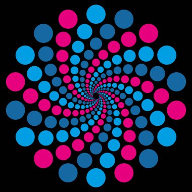 Vektör illüstrasyonu Fibonacci noktalı spiral. Siyah arka planda dönen noktalar. Soyut noktalı spiral girdap.