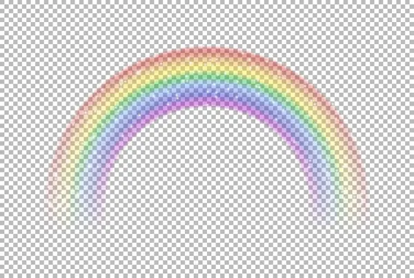Renkli şeffaf gökkuşağı. Vektör çizimi. Perspektif çapraz görünümü. Yağmurdan sonra oluşan güzel meteorolojik fenomen. İyi şansın fantezi sembolü..