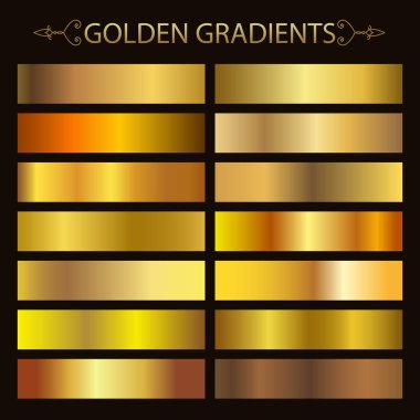 Altın metal gradyan krom doku seti. Altın metal krom doku vektör folyo arka plan koleksiyonu. Pankart, kurdele ve etiket için altın arkaplan. Altın parlaklık tasarım ışık efekti