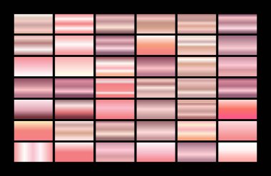 Altın folyo deseni seti. Siyah arka planda izole edilmiş pembe metalik doku koleksiyonu. Vektör illüstrasyonu